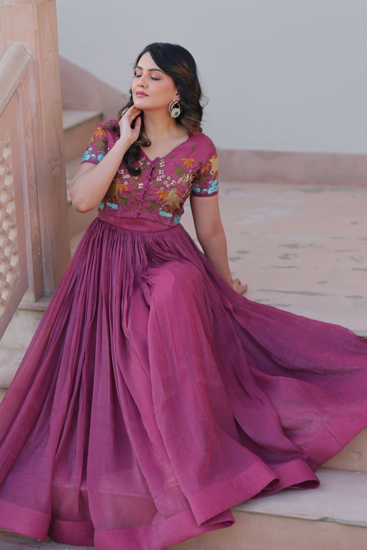 Pink Crunchy Fabric Kurta Set with Sequence Embroidery