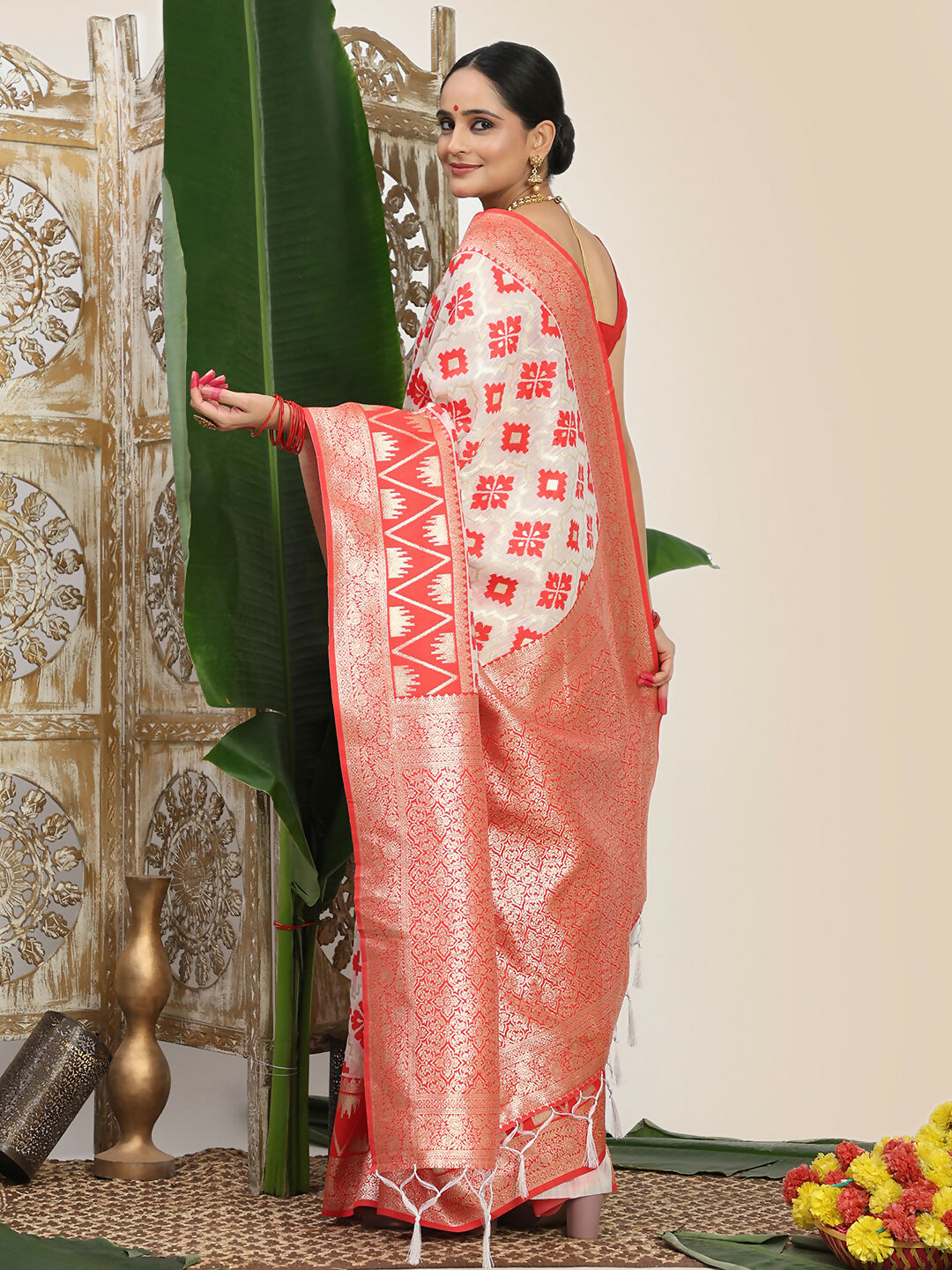Red and White Linen Cotton Saree with Matching Blouse