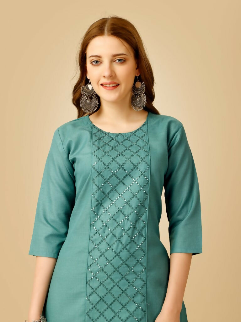 Teal Cotton Blend Embroidered Kurta Pant Set with Sequence Work