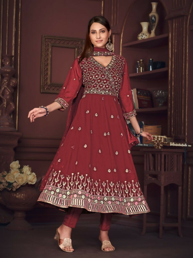Maroon Georgette Embroidered Anarkali Kurta Pant Set with Dupatta