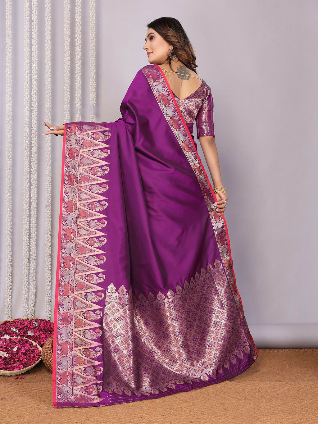 Purple Banarasi Jacquard Woven Soft Silk Saree