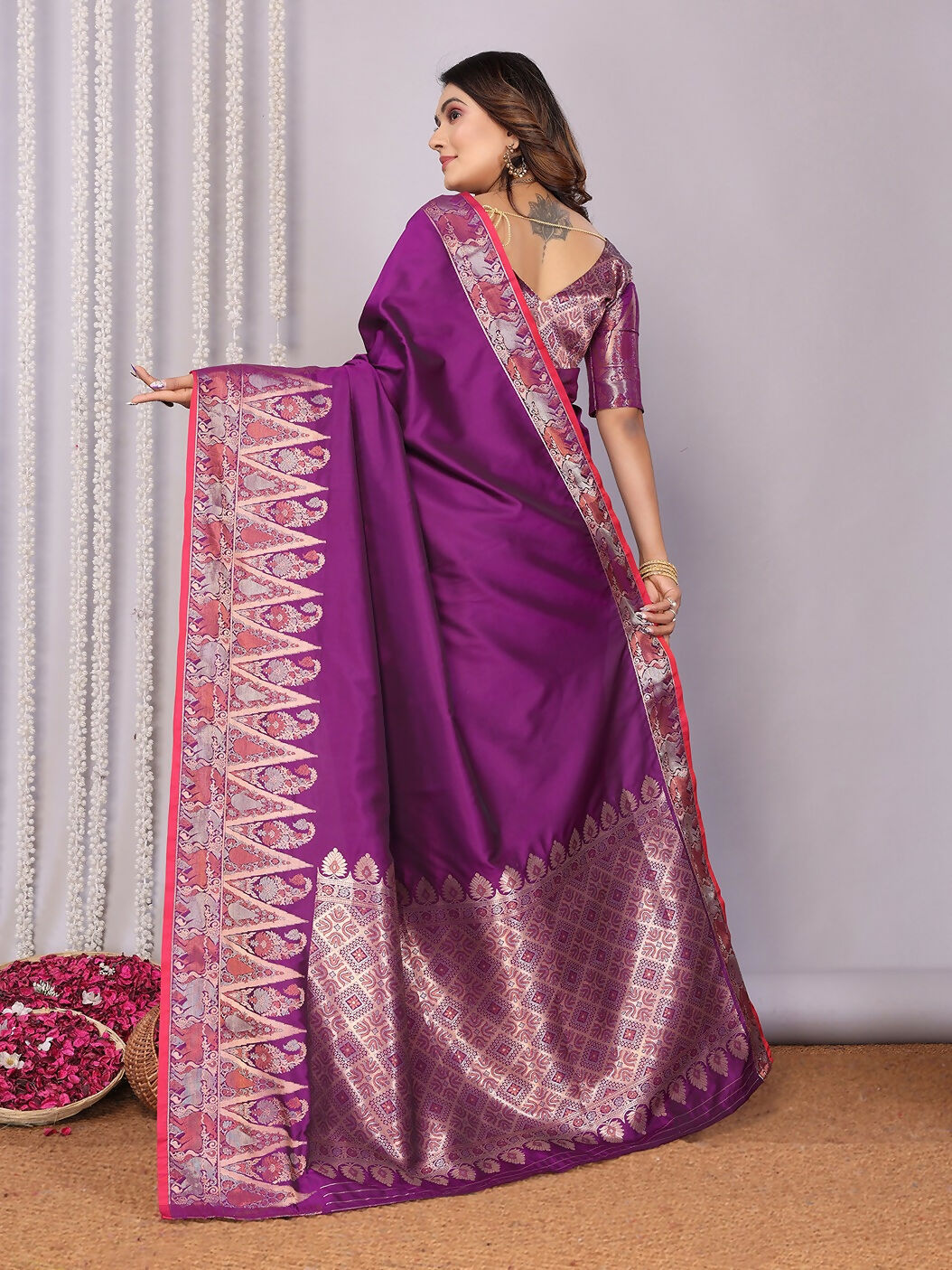 Purple Banarasi Jacquard Woven Soft Silk Saree