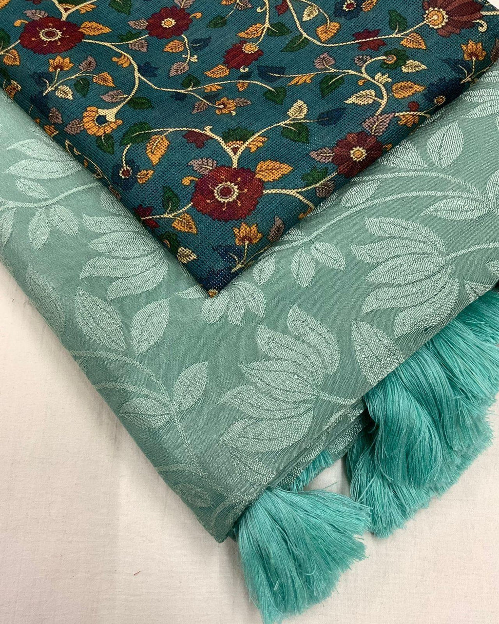 Mint Green Jute Silk Woven Jacquard Saree with Printed Blouse