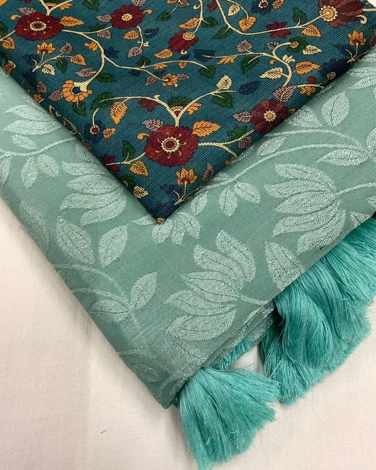 Mint Green Jute Silk Woven Jacquard Saree with Printed Blouse