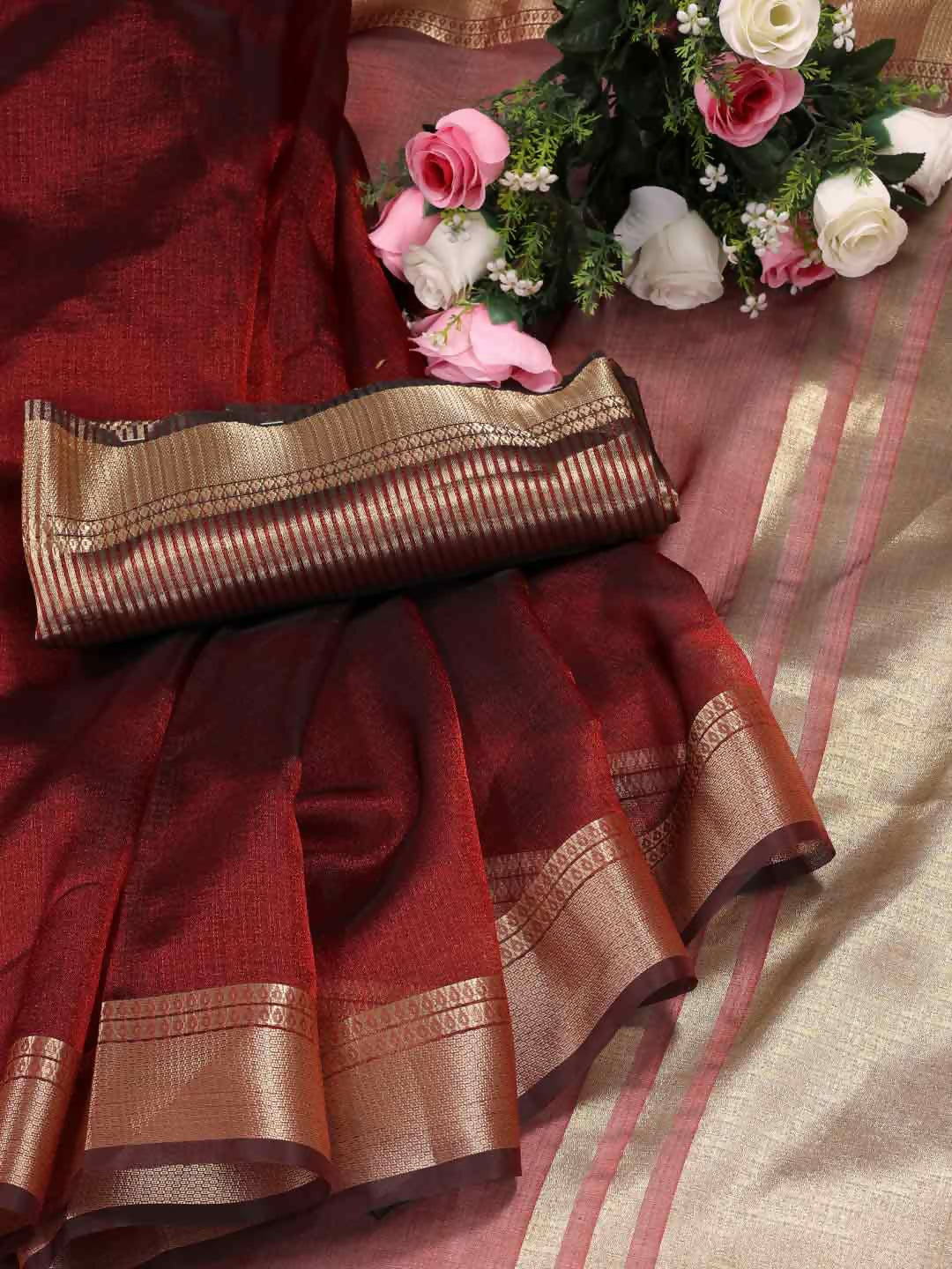 Vibrant red organza saree with matching blouse fabric
