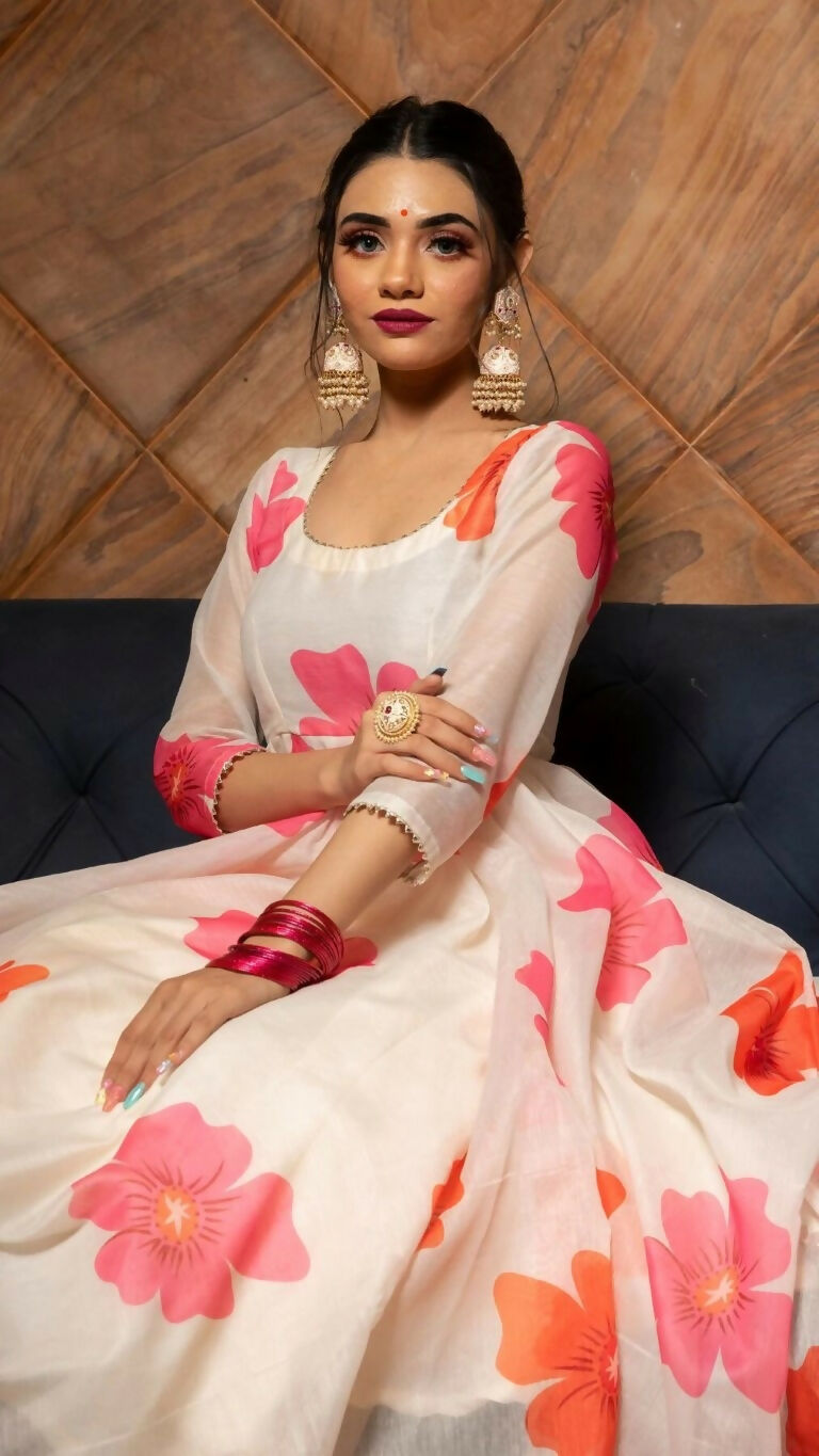 Women's Pink Heavy Chanderi Floral Print A-Line Kurta Set