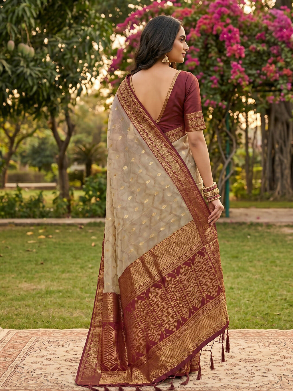 Chiku and Red Cotton Saree with Matching Cotton Blouse