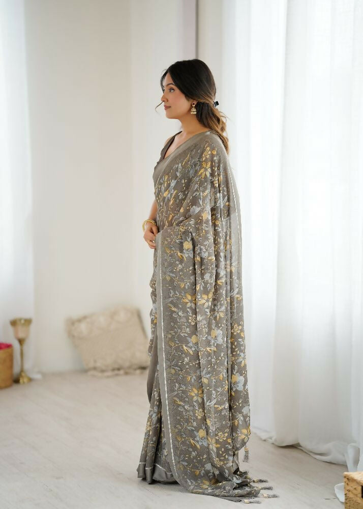 Grey Bright Moss Satin Patta Printed Saree