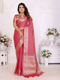 Vibrant magenta organza silk saree with detailed woven patterns