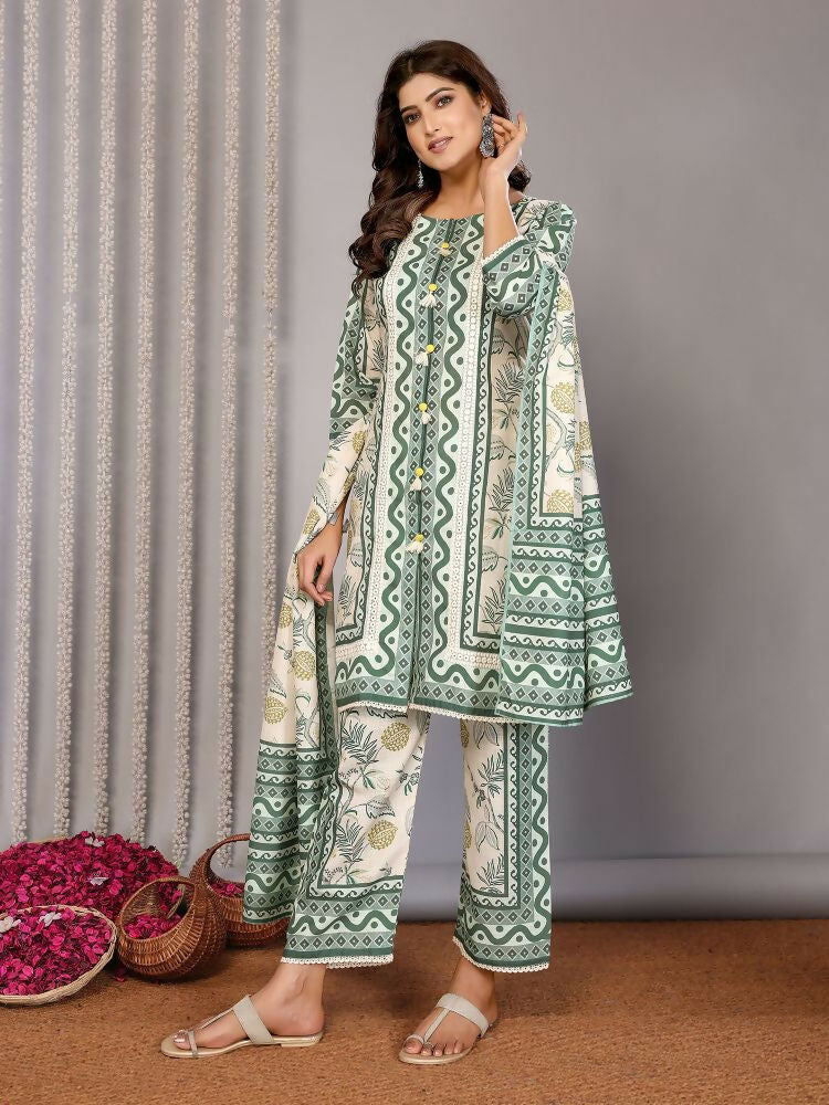 Off White and Forest Green Printed Linen Kurta Set