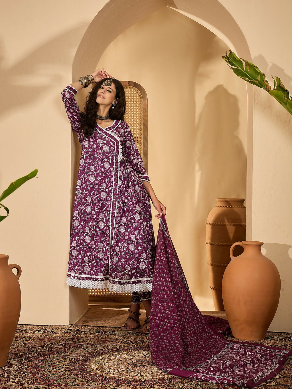 Purple Printed Pure Cotton Kurta Set for Women - Ethnic Wear