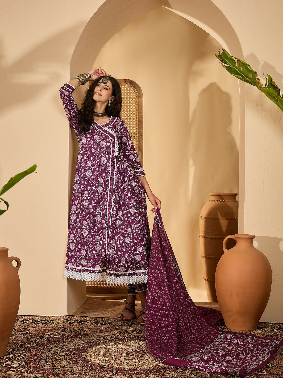 Purple Printed Pure Cotton Kurta Set for Women - Ethnic Wear