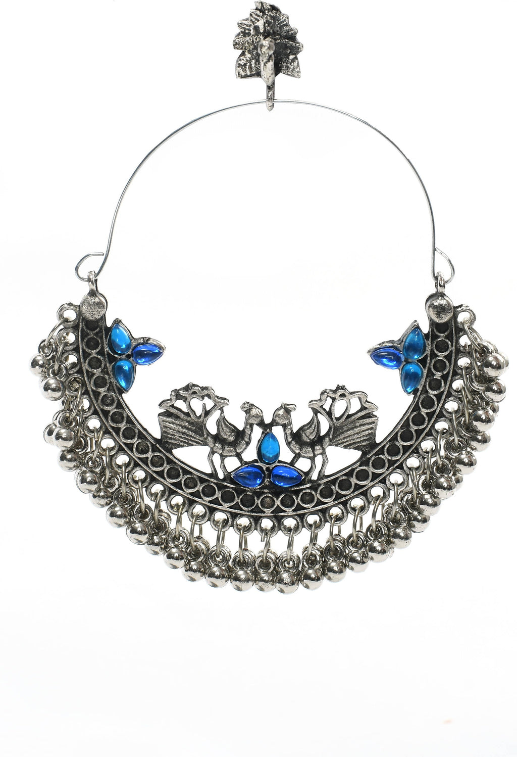 Peacock Design Chandbali Earrings in Silver and Blue