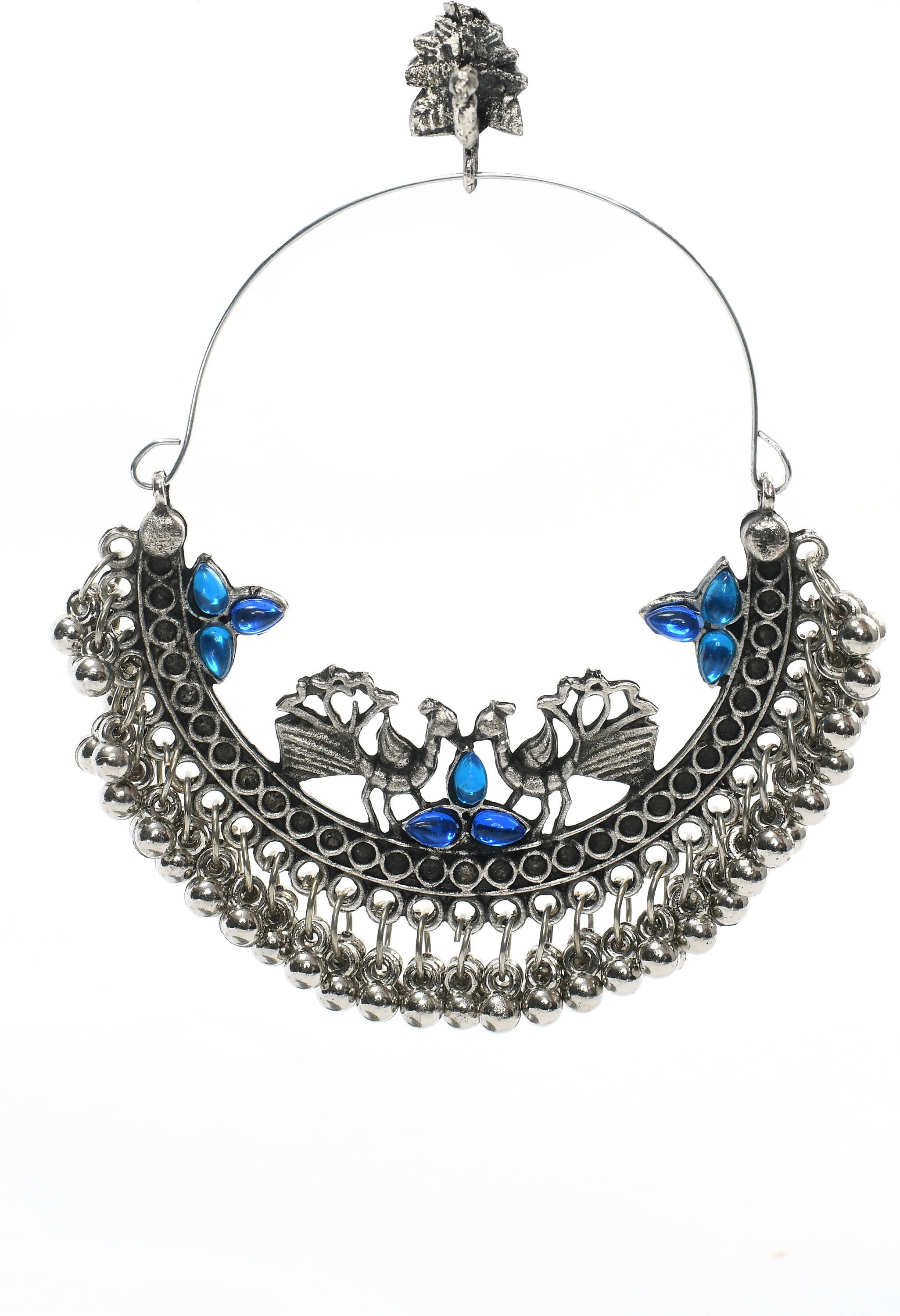 Peacock Design Chandbali Earrings in Silver and Blue