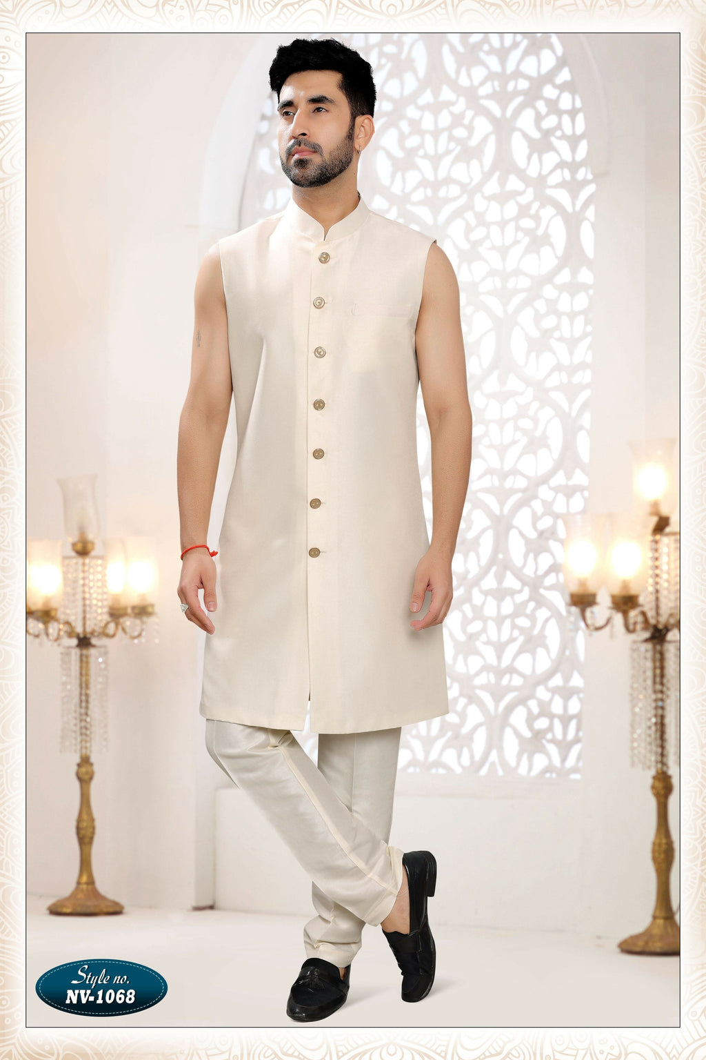 Men's Cream Silk 3-Piece Kurta Set with Thread & Sequin Embroidery