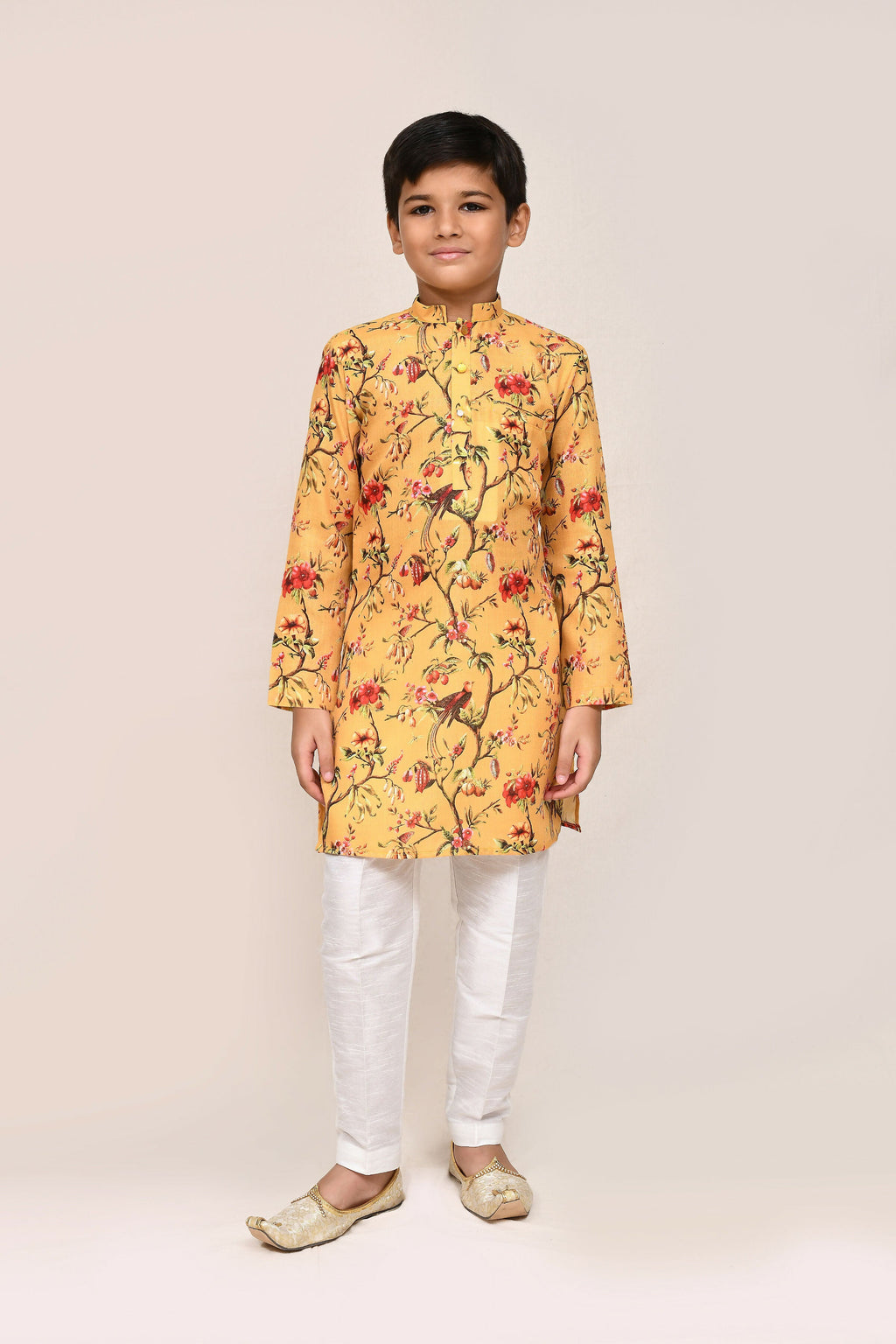 Yellow linen cotton kurta with white straight-fit pants
