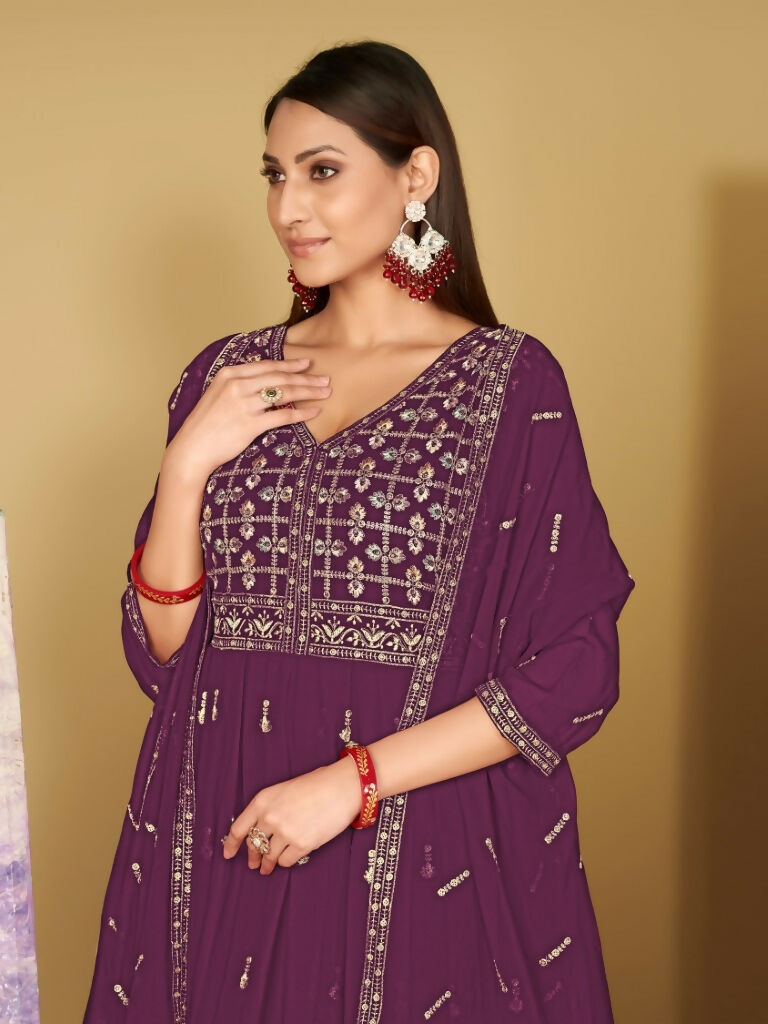 Purple Georgette Embroidered Anarkali Kurta Pant Set