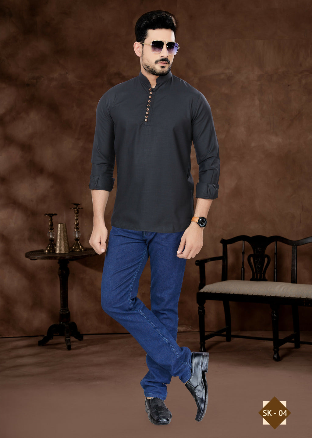 Men's black plain short kurta made of pure cotton, 36-inch length