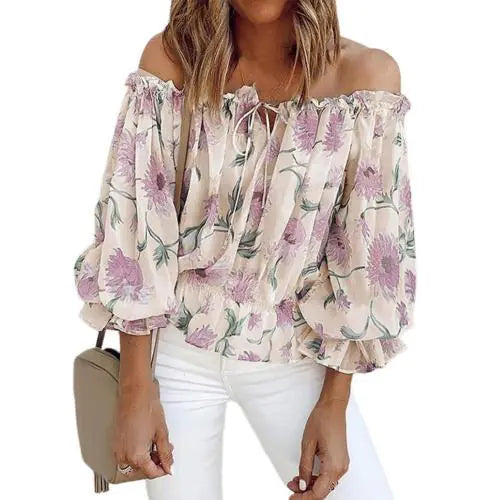 Women's Floral Off-Shoulder Chiffon Long Sleeve Blouse - Image 8