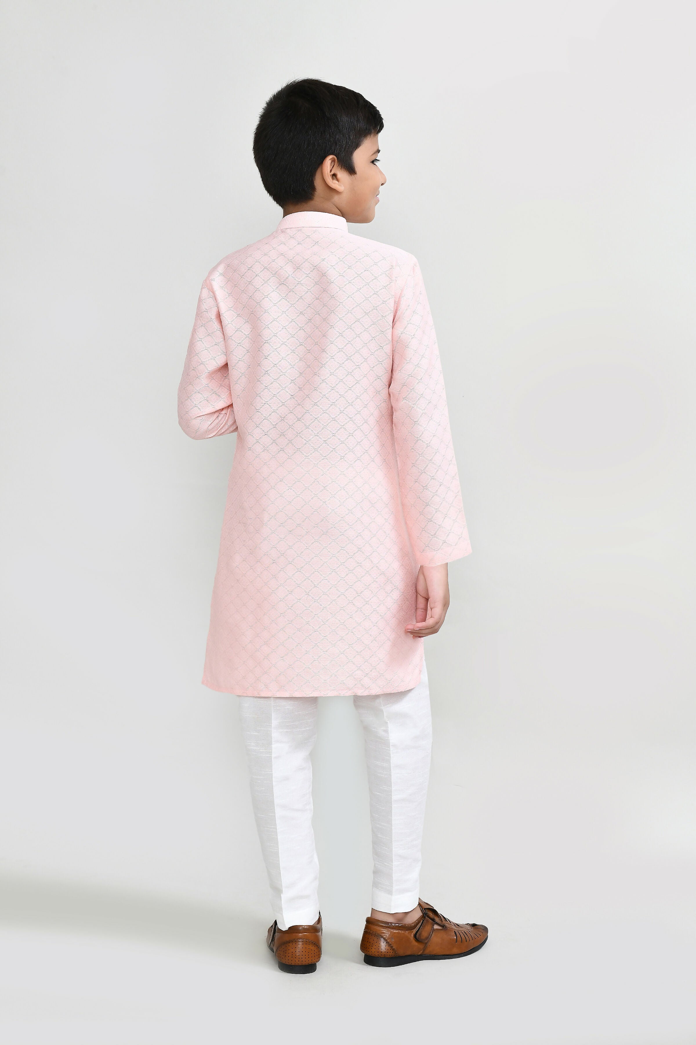 Peach Cotton Silk Kurta Set with White Straight Fit Pants