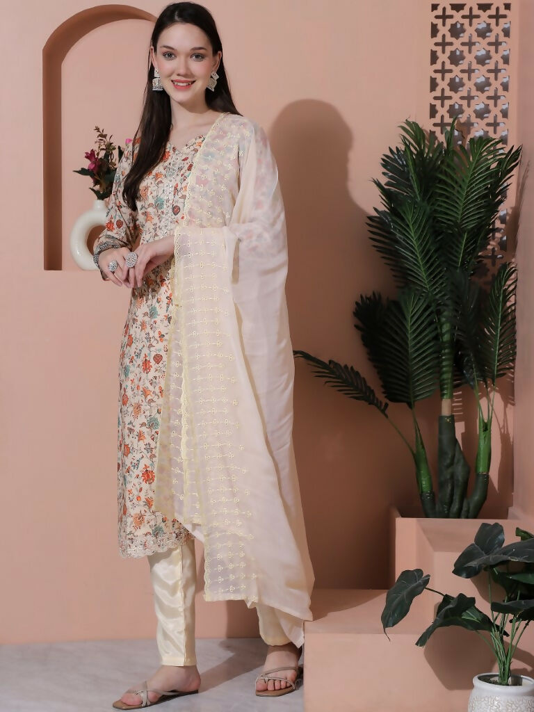 Beige Cotton Floral Print Straight Kurta Set with Dupatta