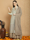 Elegant Green Chanderi Silk A-Line kurta with Jardoshi embroidery paired with cotton palazzo pants.