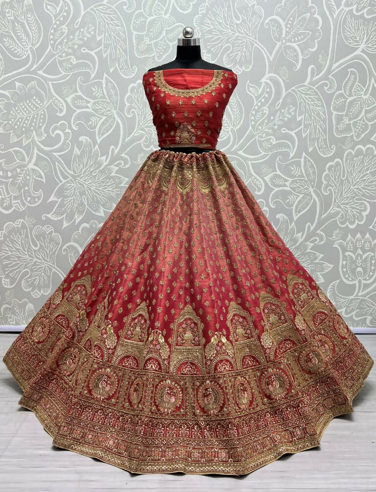 Red Bridal Net Lehenga Choli with Sequins and Diamond Work