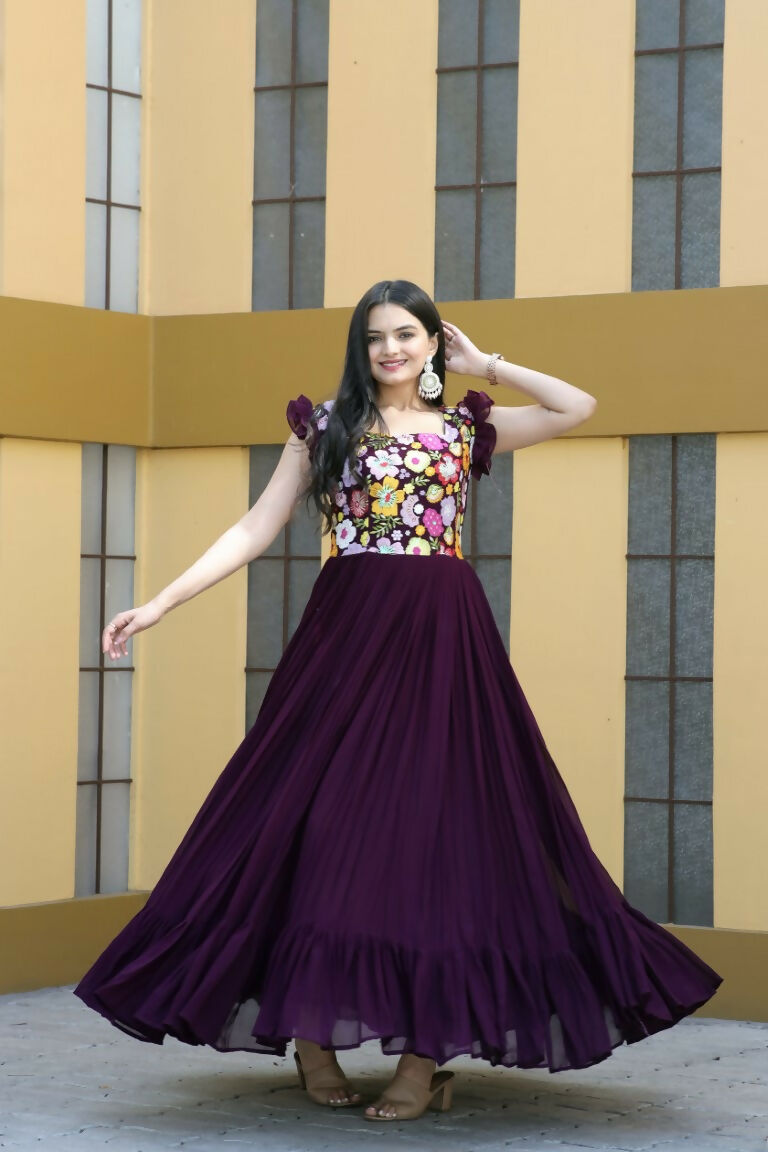 Women's Wine Sequins Thread Embroidery Faux Blooming Anarkali Dress
