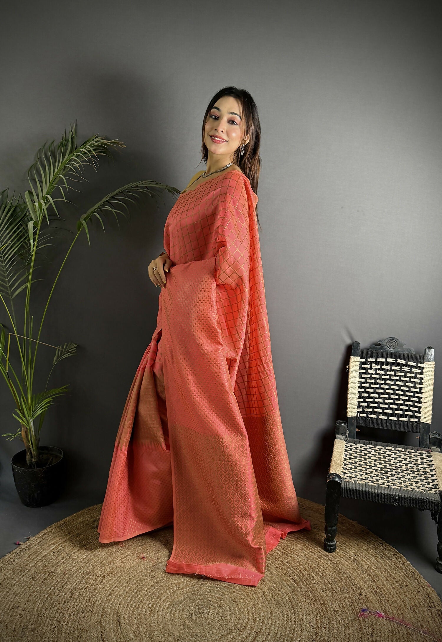 Peach Banarasi Soft Lichi Silk Saree with Checks & Woven Detail