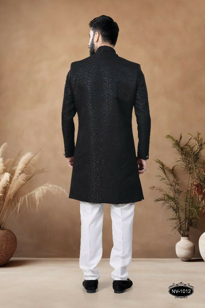 Men's Black Silk Indo-Western Kurta Set with Sequence Embroidery