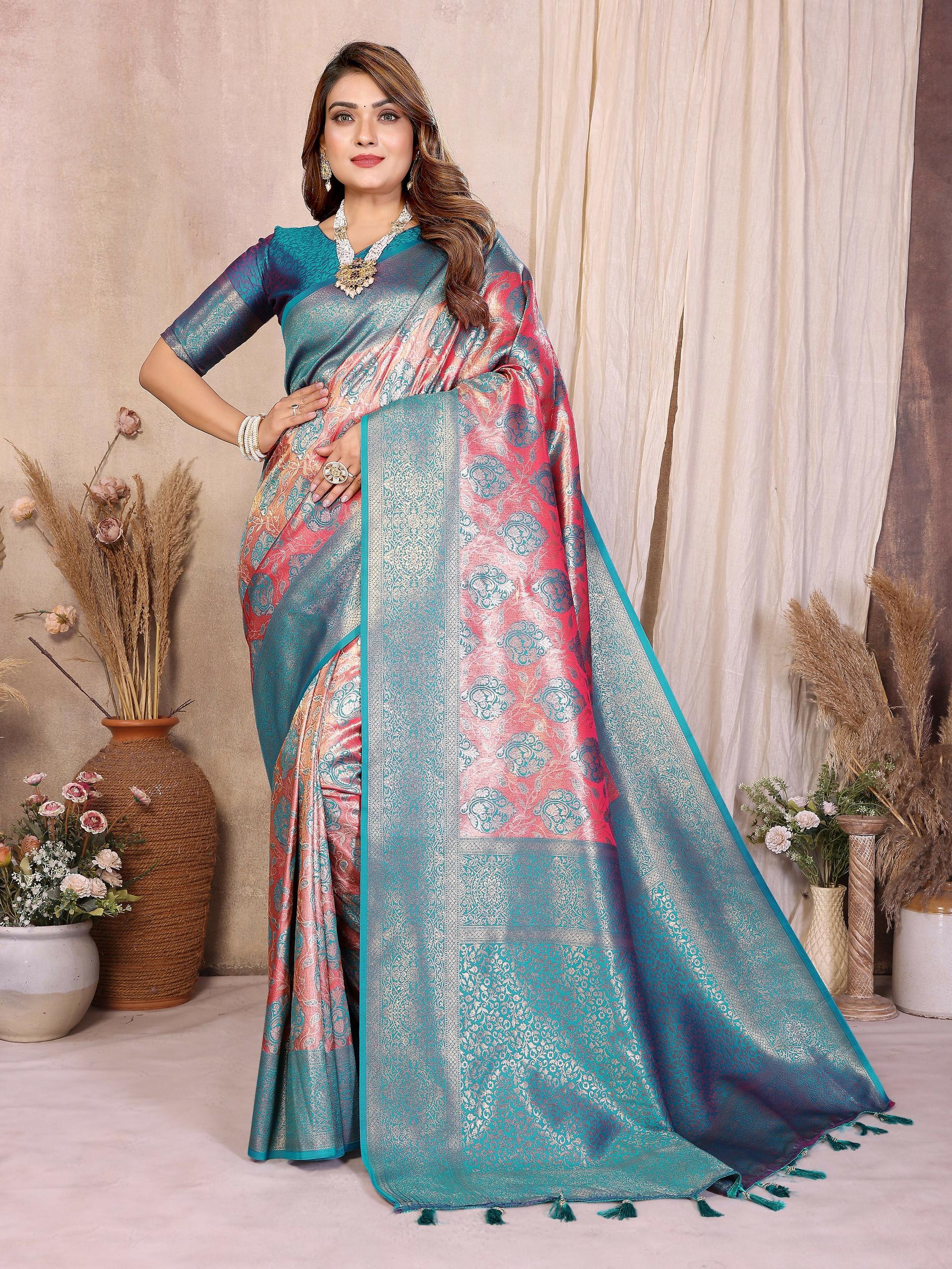 Aqua blue Banarasi tissue silk saree with intricate woven patterns