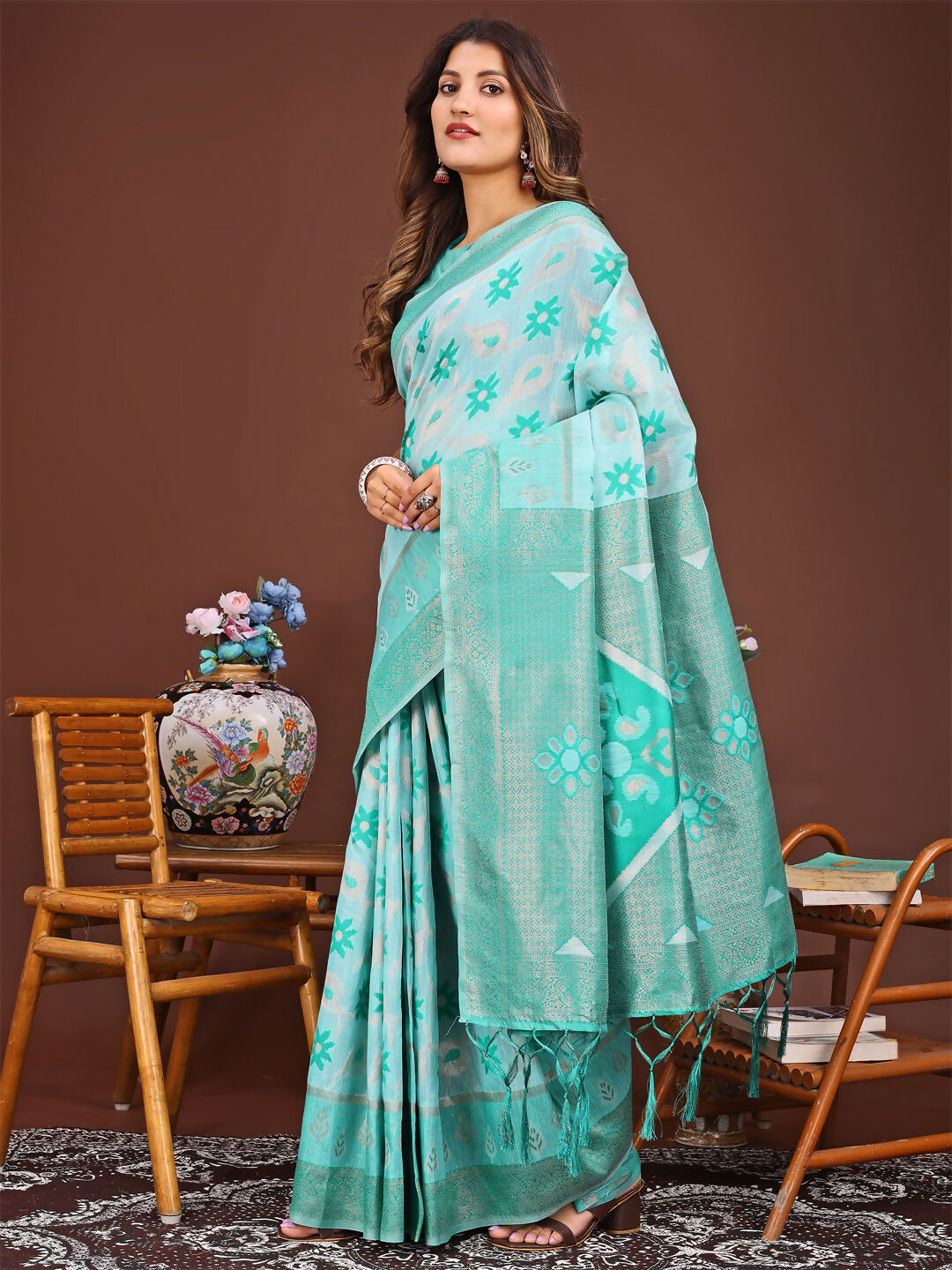 Sea Green Linen Cotton Saree with Matching Blouse Piece