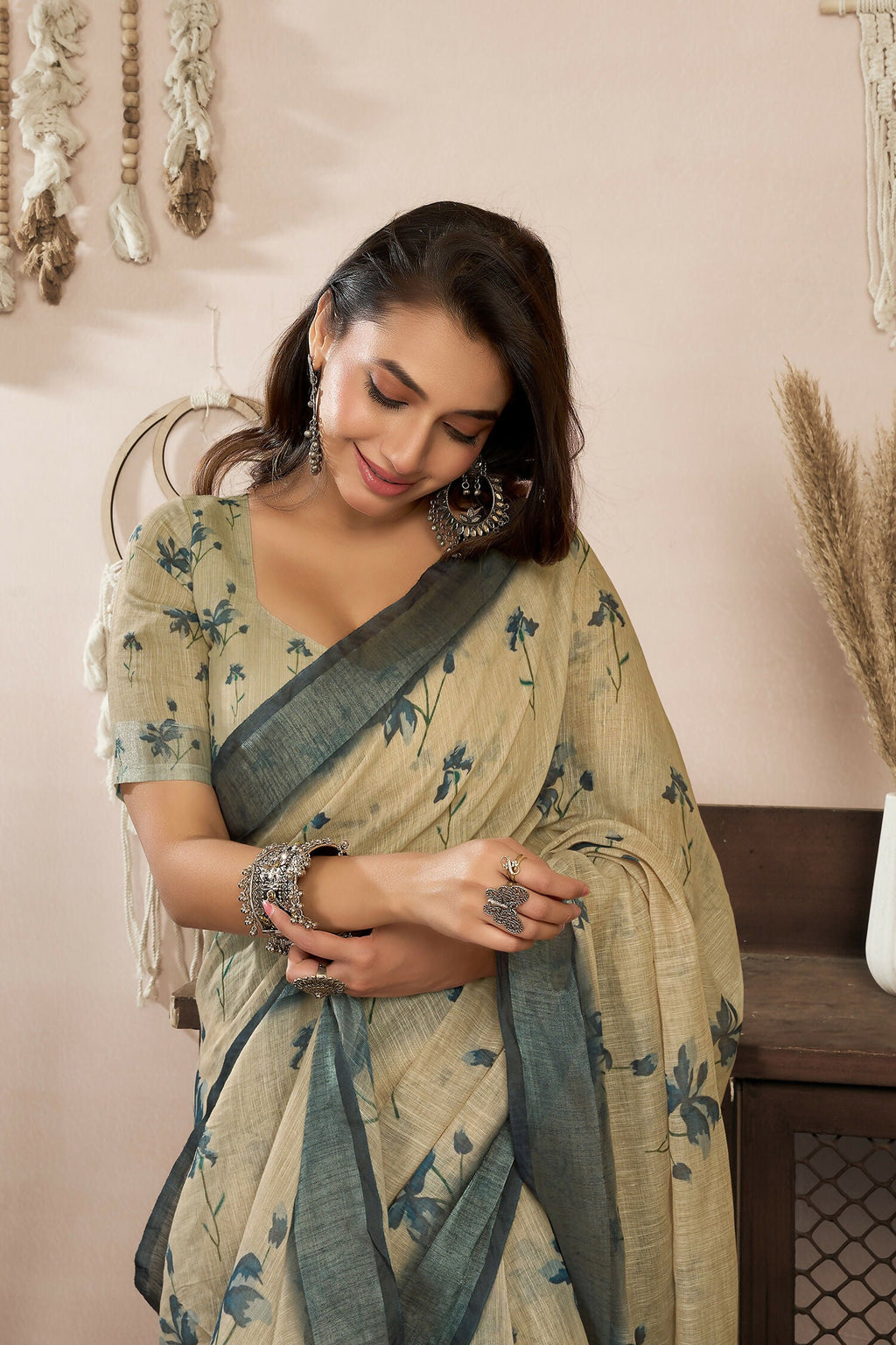 Beige Floral Linen Ready-to-Wear Saree with Unstitched Blouse