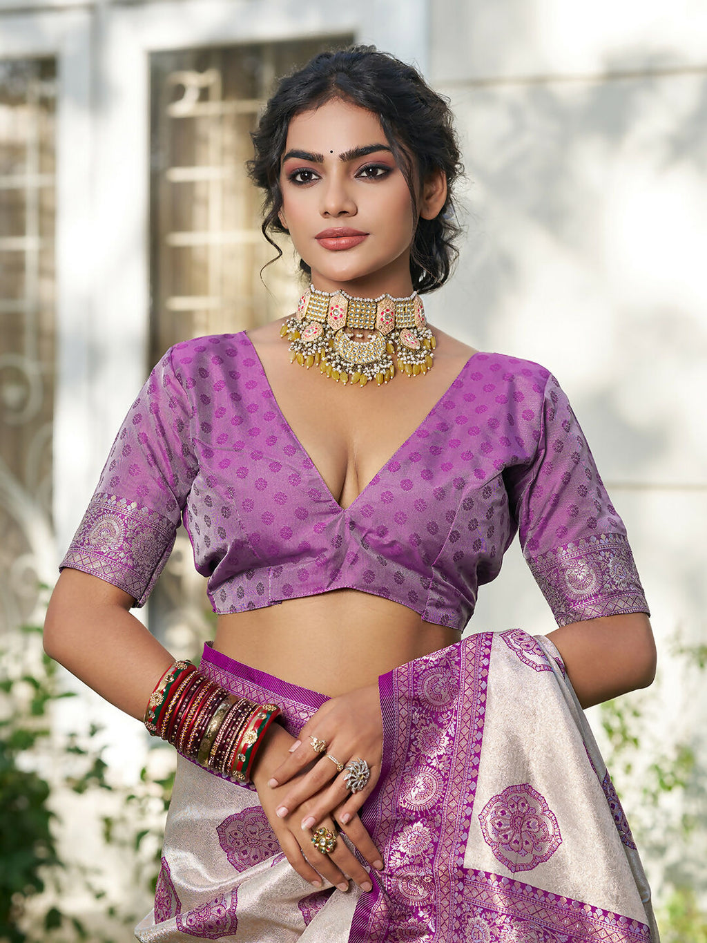 Cream and Purple Silk Blend Saree Elegant Traditional Style