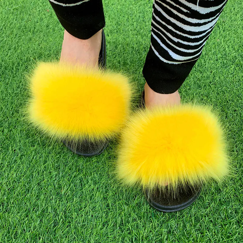 Women's Multicolored Faux Fur Flat Slippers Cozy Open Toe Slides