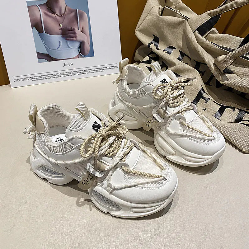 Women's Thick-Soled Chunky Sneakers Beige Sports Shoes - Image 11
