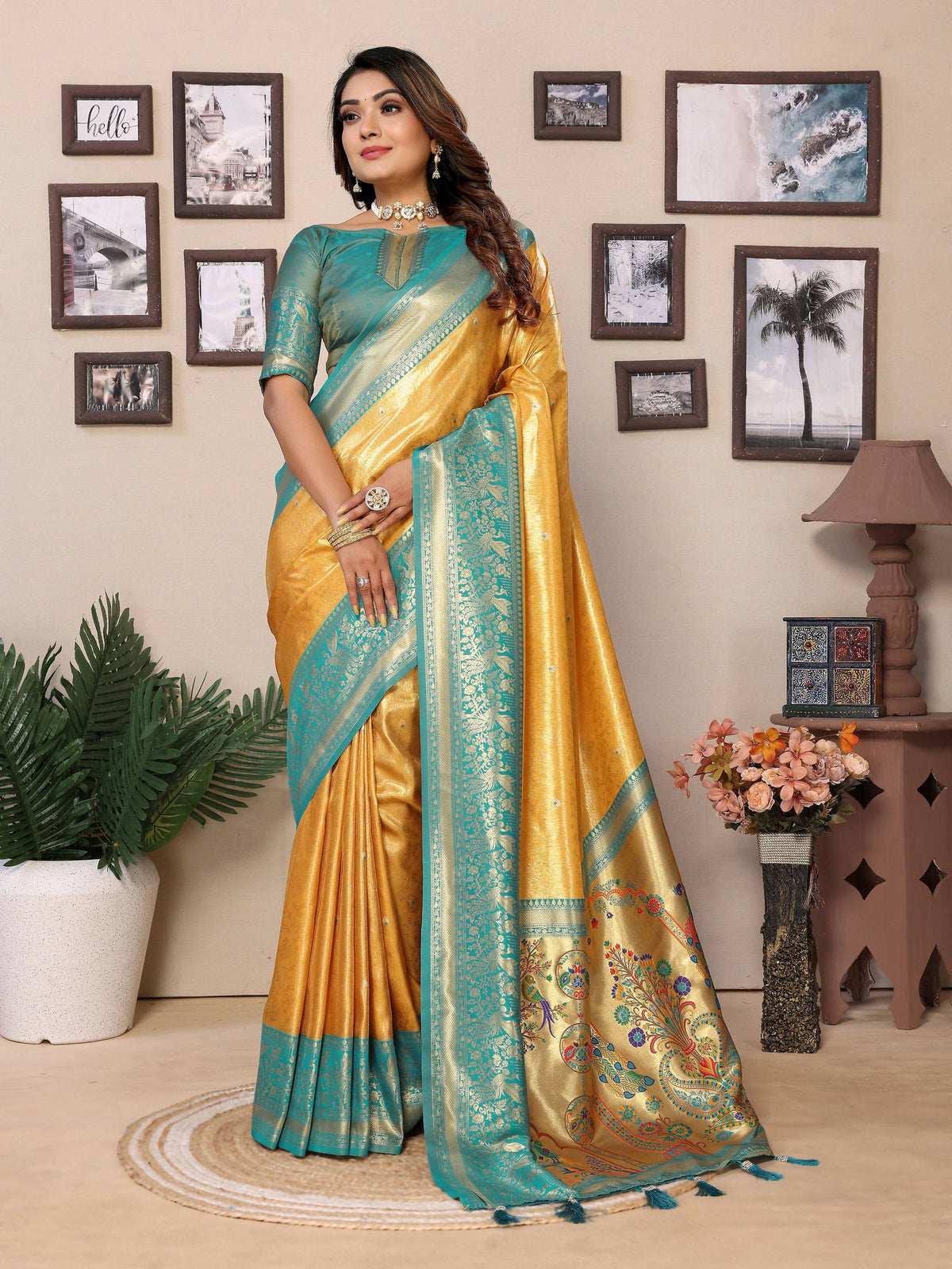 Bright Yellow Tissue Silk Saree with traditional woven border