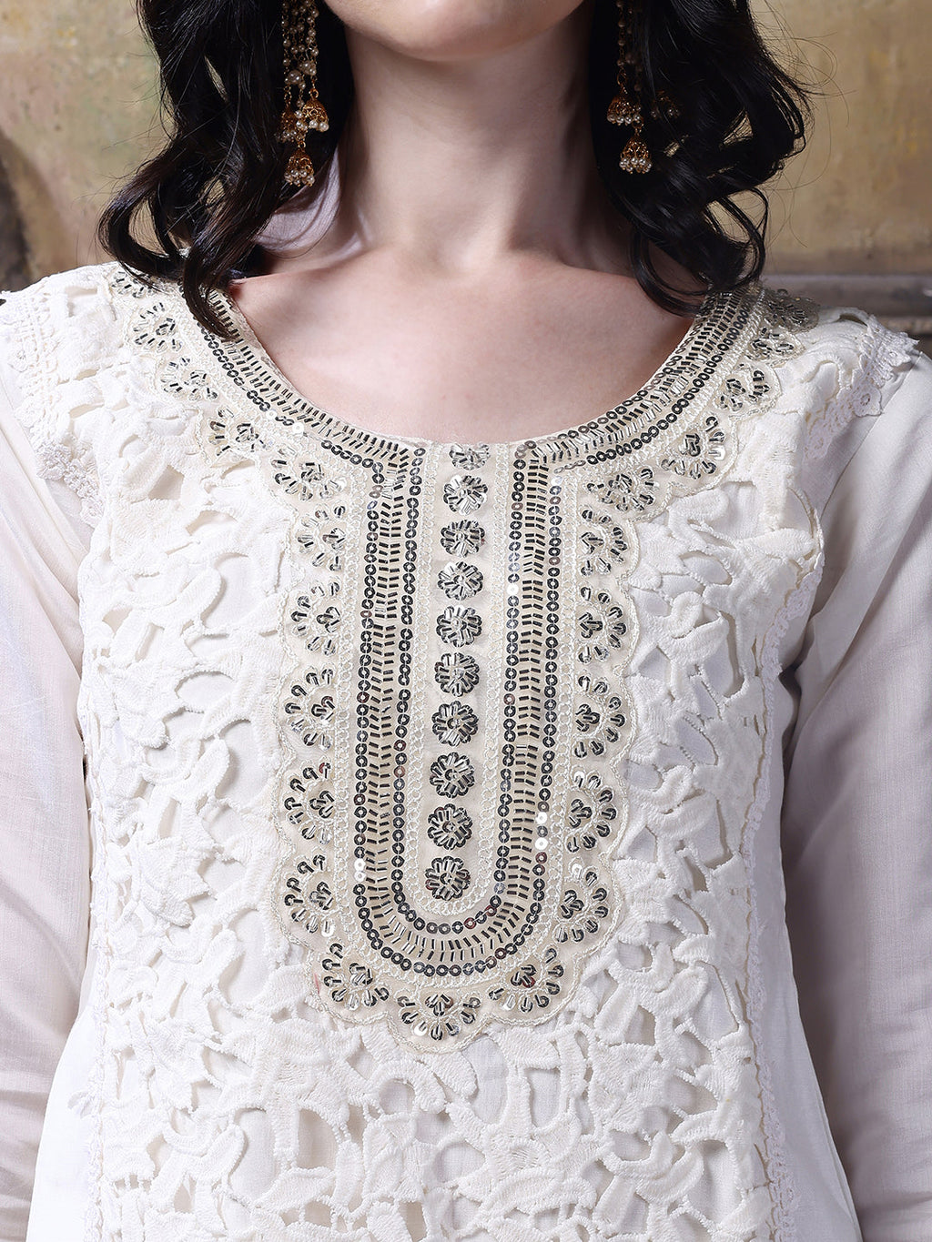 Cream Chanderi Applique Embroidered Kurta Set with Dupatta