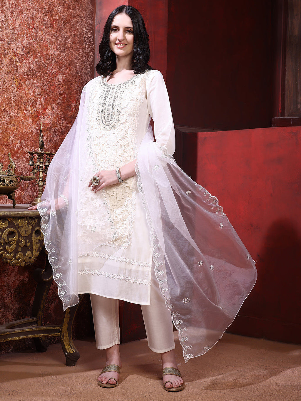 Cream Chanderi Applique Embroidered Kurta Set with Dupatta