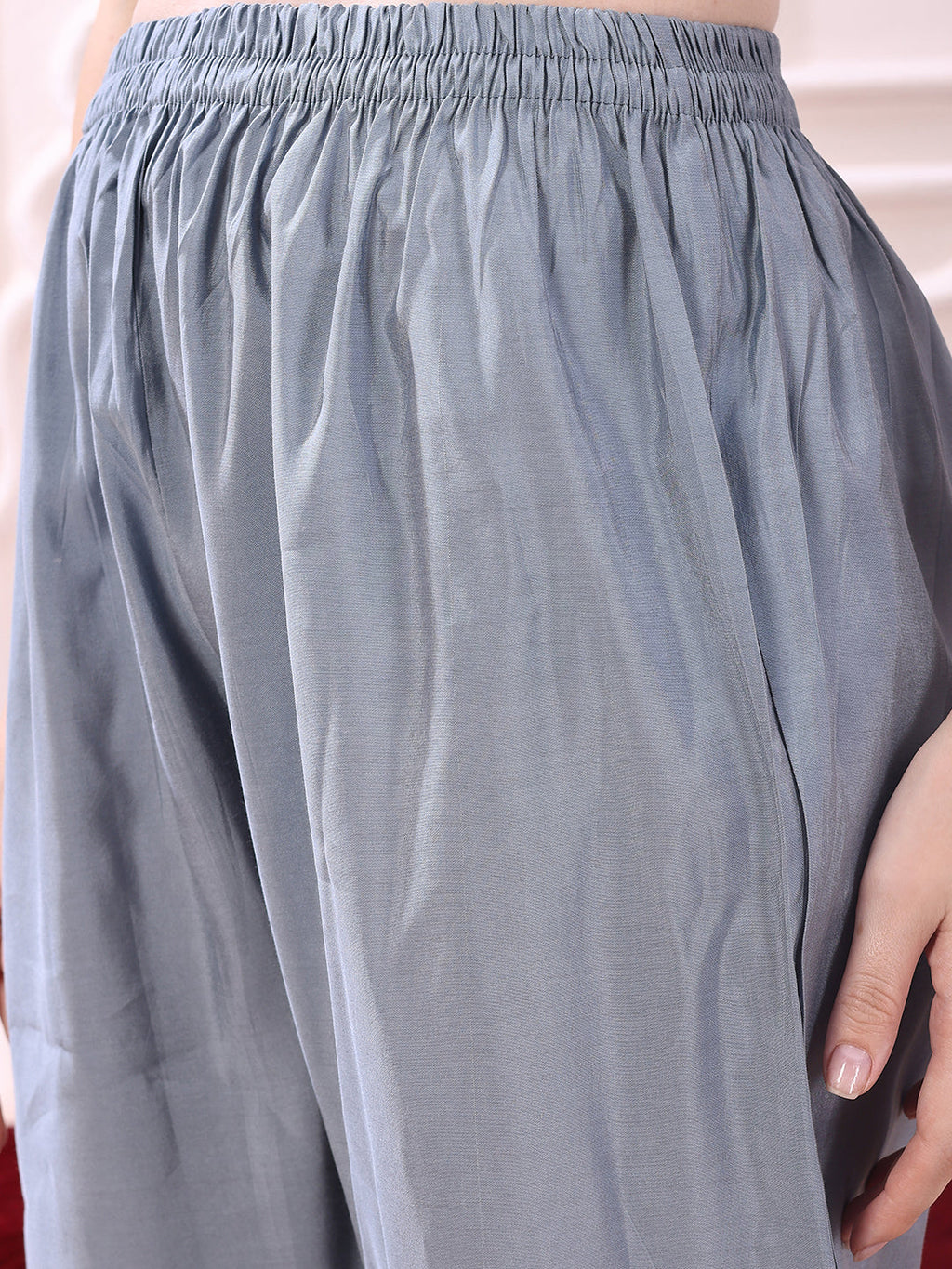 Grey Chanderi Hand Embroidered Kurta Set with Pant and Dupatta
