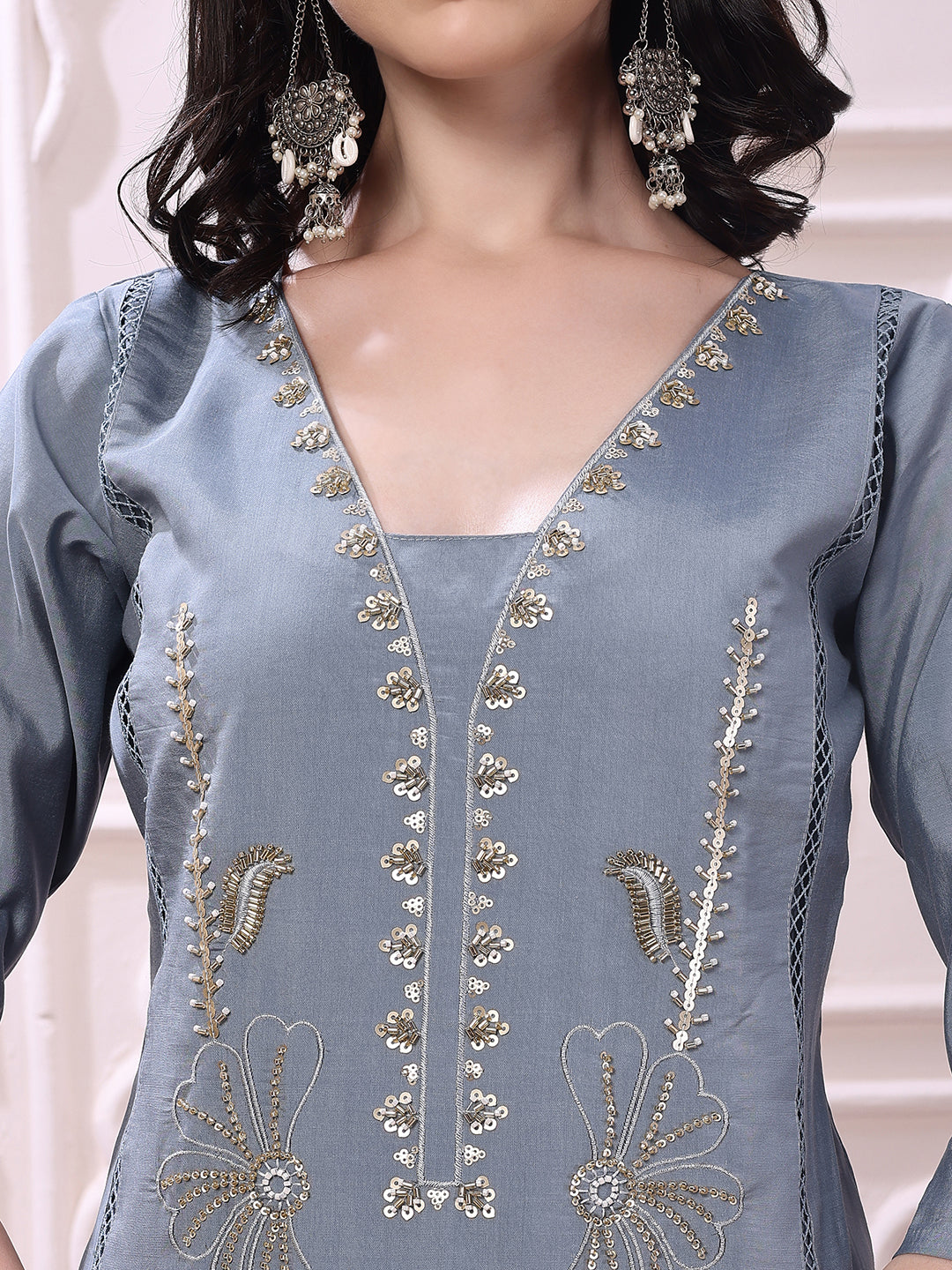Grey Chanderi Hand Embroidered Kurta Set with Pant and Dupatta