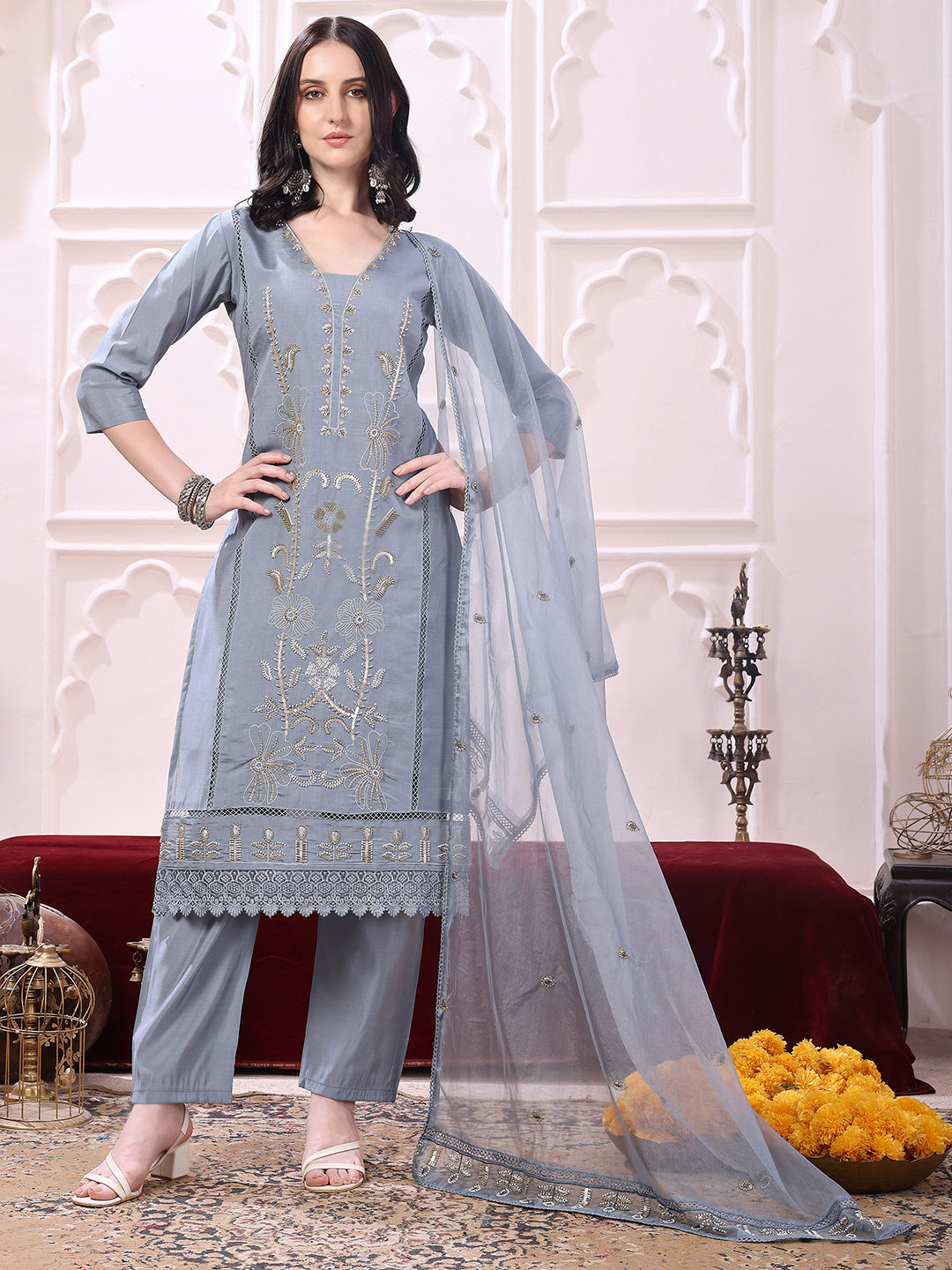 Elegant grey Chanderi hand embroidered kurta set with pant and dupatta