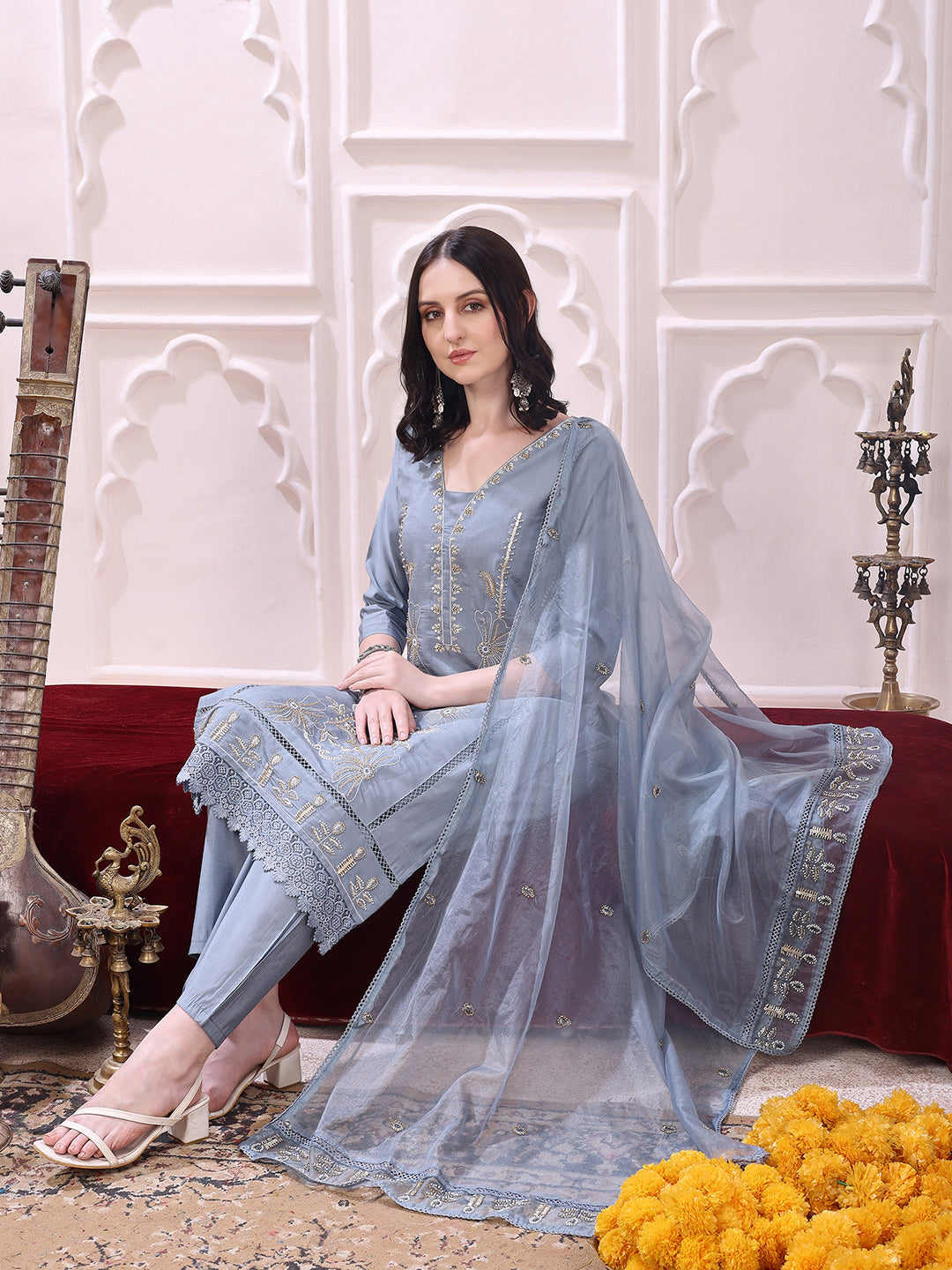 Grey Chanderi Hand Embroidered Kurta Set with Pant and Dupatta