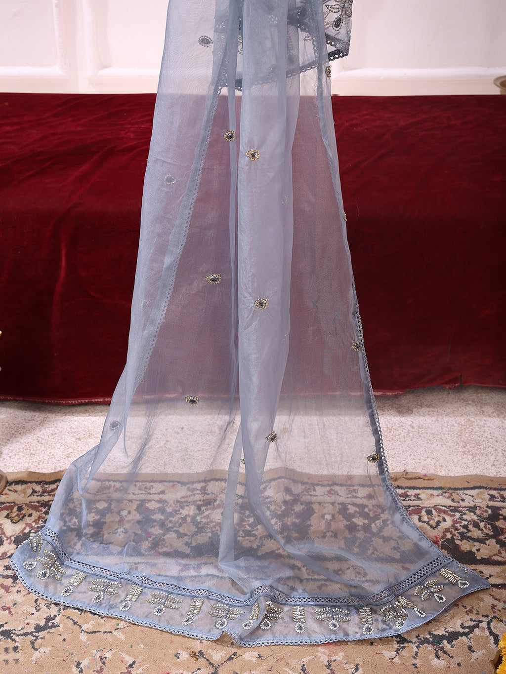 Grey Chanderi Hand Embroidered Kurta Set with Pant and Dupatta