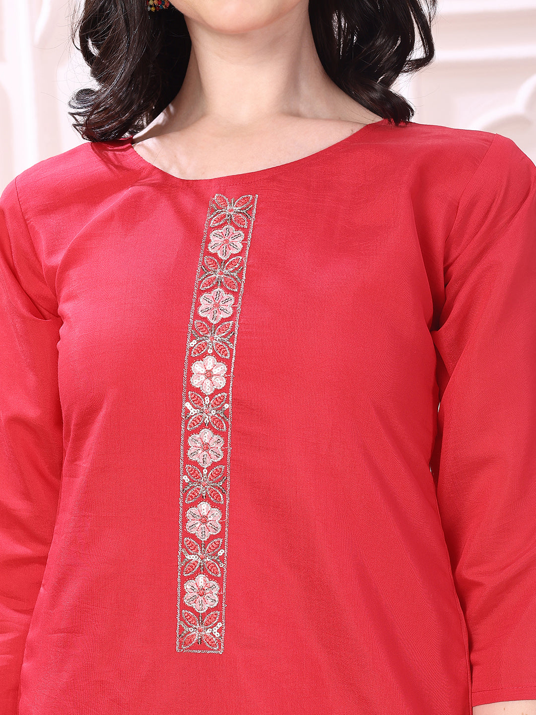 Pink Chanderi Kurta Set with Hem Embroidery and Dupatta