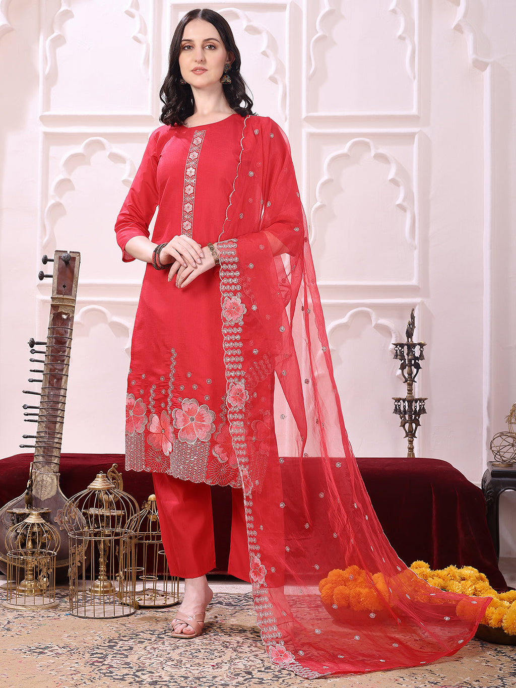 Pink Chanderi kurta set with detailed hem embroidery and matching dupatta