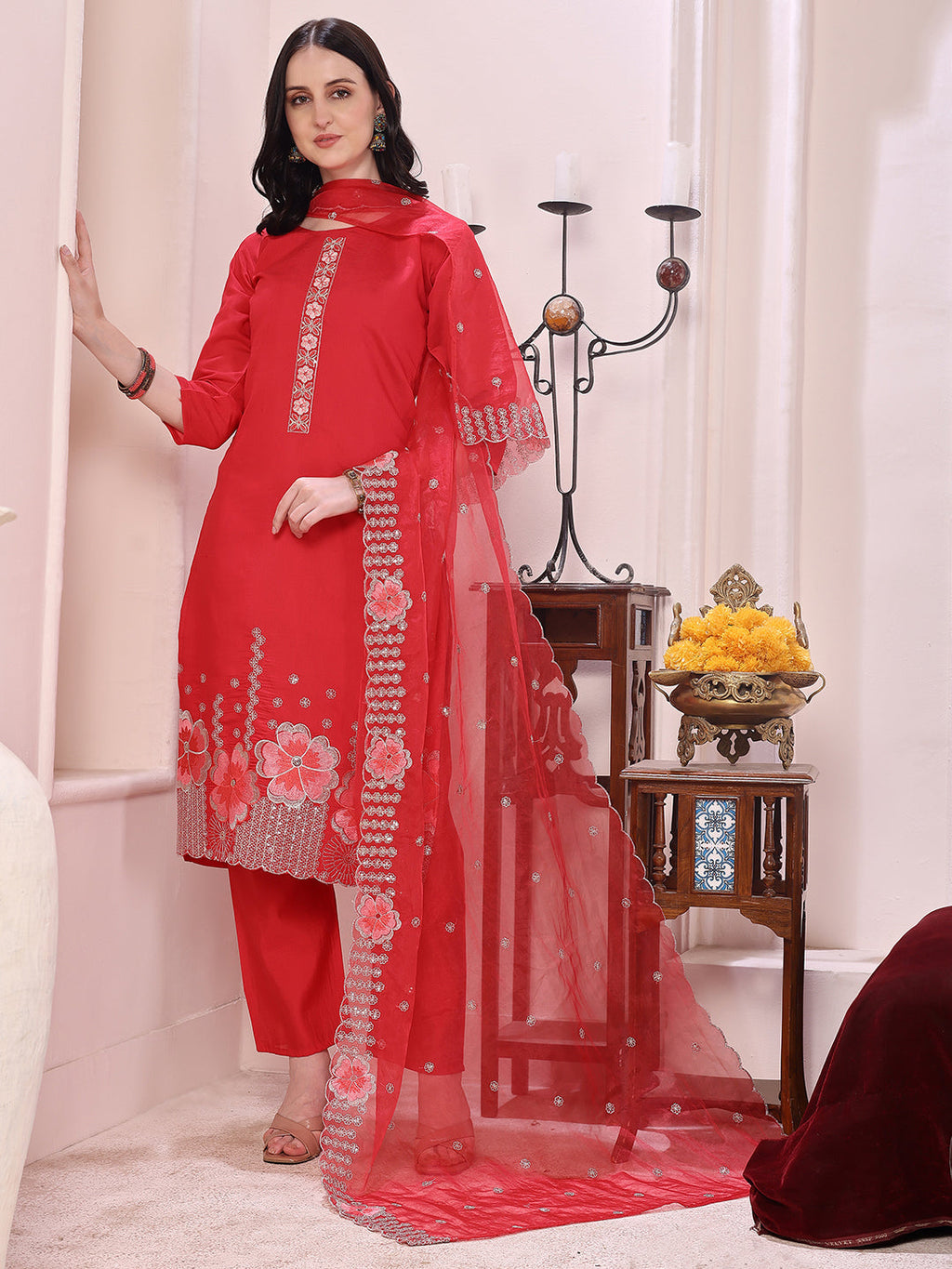 Pink Chanderi Kurta Set with Hem Embroidery and Dupatta
