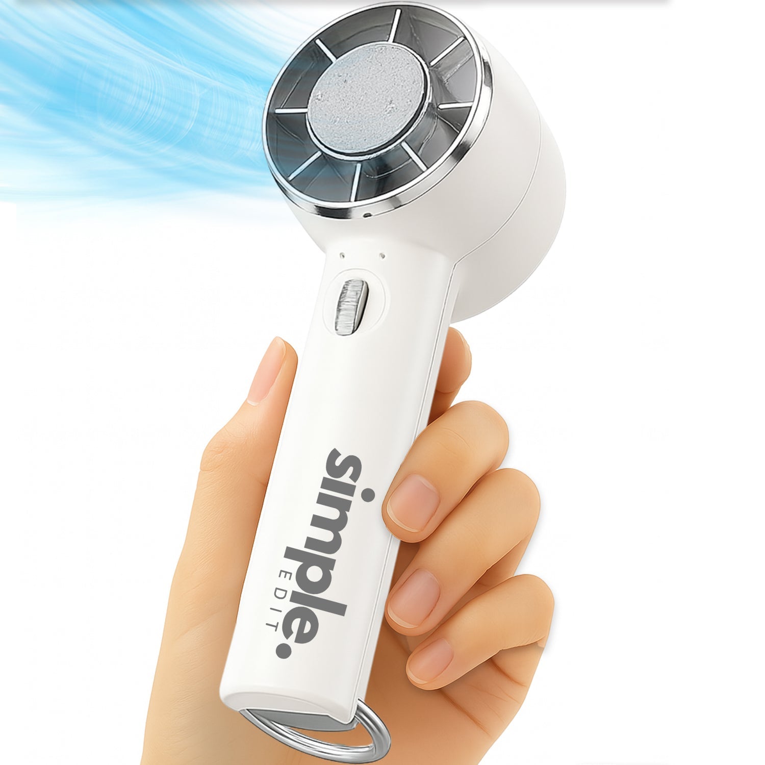 Modern white and silver JetMini Turbo handheld fan with Icy Pad cooling technology