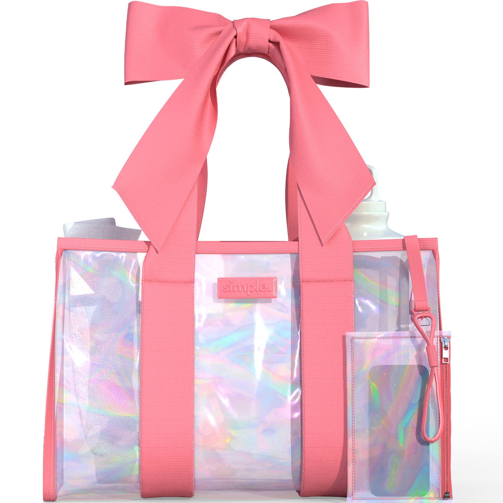 BowMe Prism Tote in pink and purple with a holographic bow and matching phone pouch.