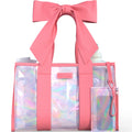 BowMe Prism Tote in pink and purple with a holographic bow and matching phone pouch.